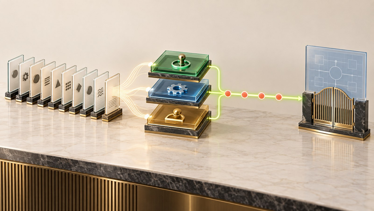 Abstract review modules feed three transparent system layers and four consultation checkpoints before a closed blueprint gate.